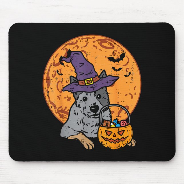 Heeler Witch Hat Moon Jack O Lantern Halloween Mouse Mat (Front)