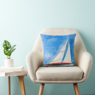 Heeling Sailboat Watercolor Painting Cushion