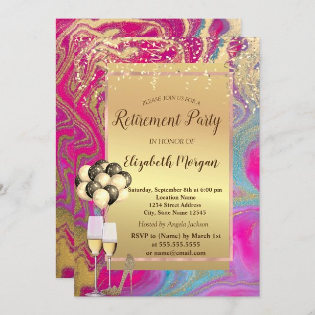 Heels,Ballons,Colourful Marble Retirement Party Invitation (Front/Back)