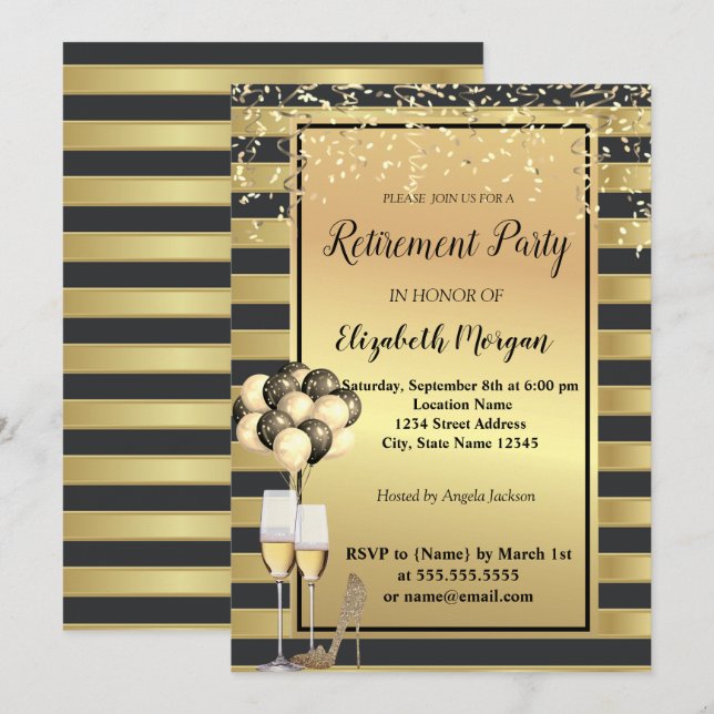 Heels,Glass,Balloons,Gold Stripes Retirement Party Invitation (Front/Back)