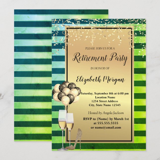 Heels,Glass,Balloons,Green Stripes Retirement  Invitation (Front/Back)