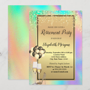 Heels,Glass,Balloons,Holographic Retirement  Invitation