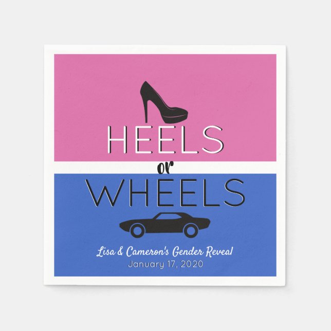 Heels or Wheels{Car} Black|Pink|Blue Gender Reveal Napkin (Front)