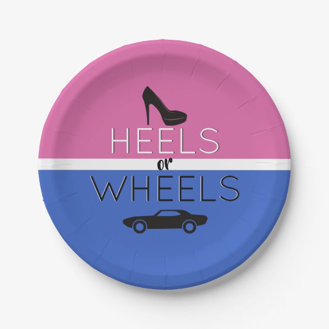 Heels or Wheels{Car} Black|Pink|Blue Gender Reveal Paper Plate (Front)
