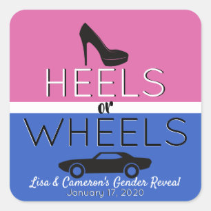 Heels or Wheels{Car} Black Pink Blue Gender Reveal Square Sticker