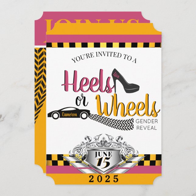 Heels or Wheels {Car} Pink & Yellow Gender Reveal Invitation (Front/Back)