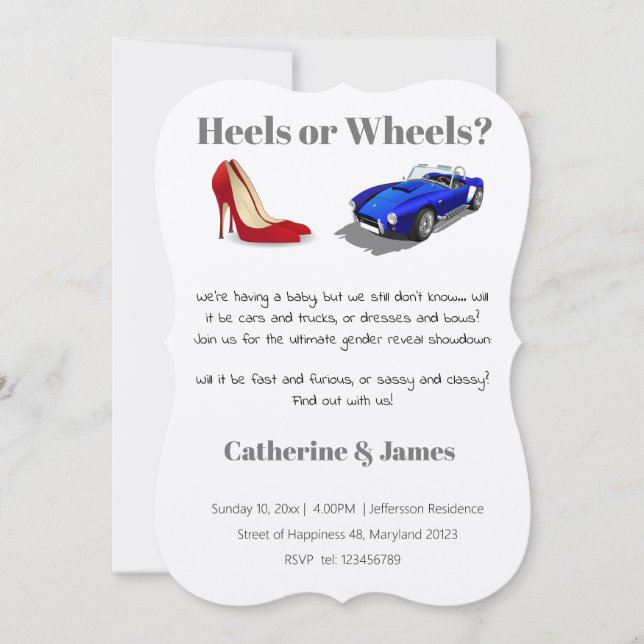  Heels or Wheels Chic Casual Quirky Gender Reveal  Invitation (Front)