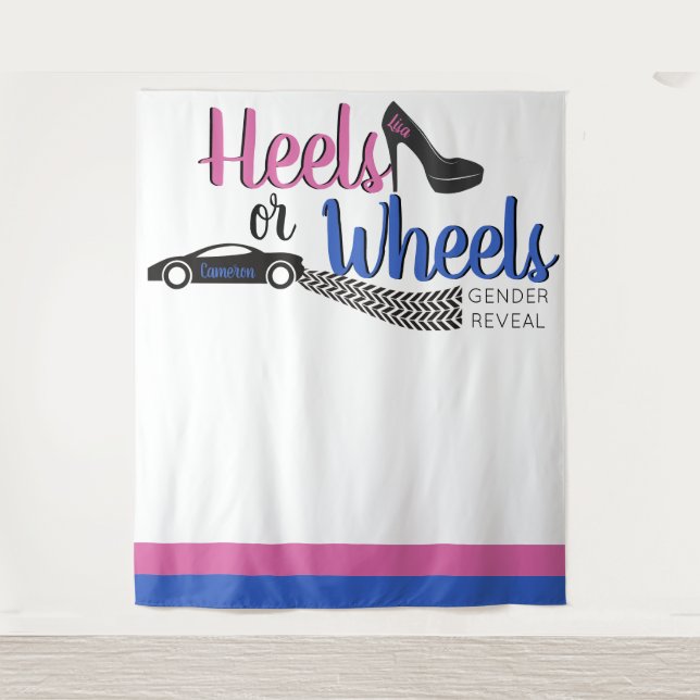 Heels or Wheels Gender Reveal Pink|Blue Photo Tapestry (Front)