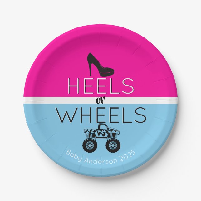 Heels or Wheels Monster Truck Gender Reveal Paper Plate (Front)