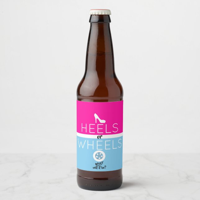 Heels or Wheels Pink & Blue Gender Reveal Beer Bottle Label (Front)