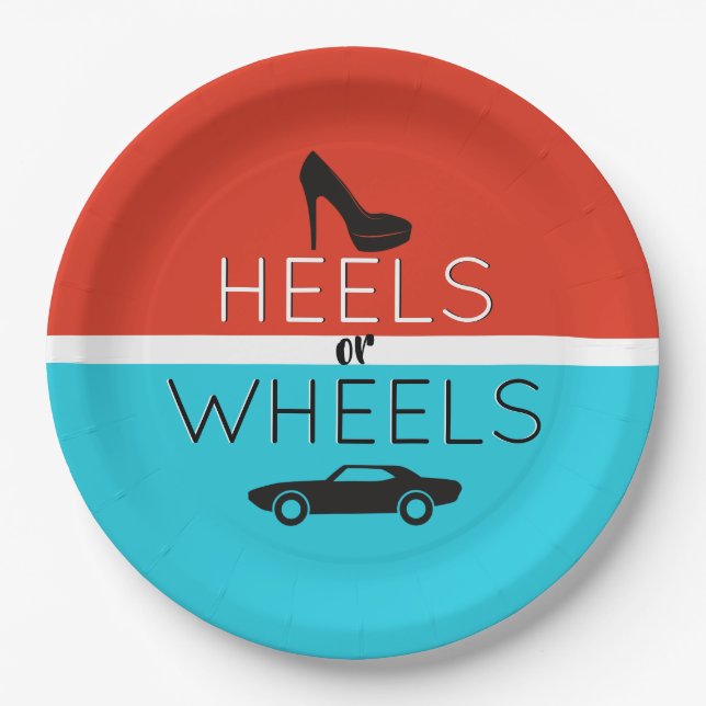 Heels or Wheels Red & Blue Gender Reveal  Paper Plate (Front)