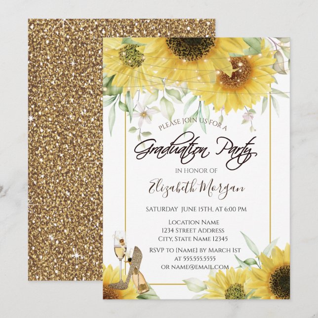 Heels Sunflowers Gold Glitter Graduation Party Invitation (Front/Back)