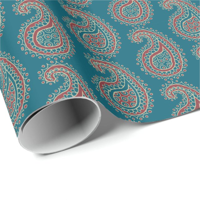 Heffalumps Red Blue Beige Paisley Wrapping Paper (Roll Corner)