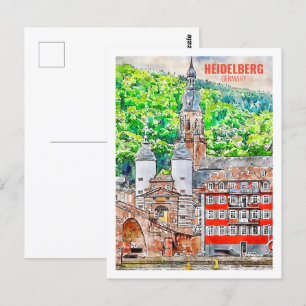 Heidelberg Germany Famous Travel Watercolor Sketch Postcard