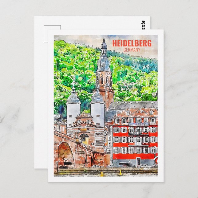 Heidelberg Germany Famous Travel Watercolor Sketch Postcard (Front/Back)