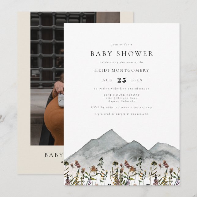 HEIDI Boho Watercolor Mountain Wildflower Baby Invitation (Front/Back)