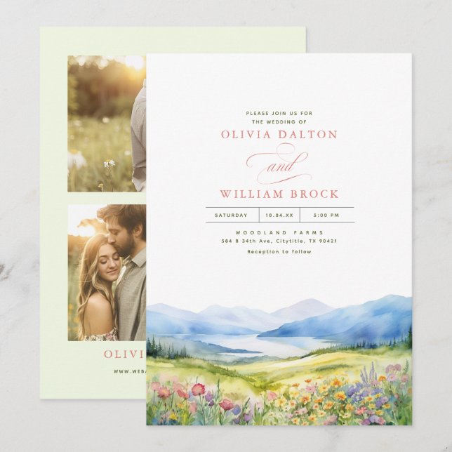 Heidi Mountains Wildflowers Wedding 3 Photos Invitation (Front/Back)