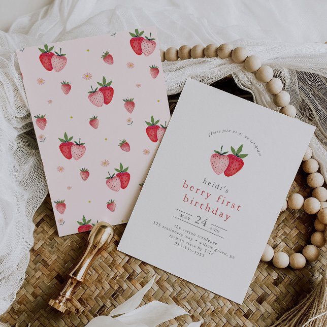 HEIDI Pink Summer Strawberry Berry First Birthday Invitation (HEIDI Pink Summer Strawberry Berry First Birthday Invitation)