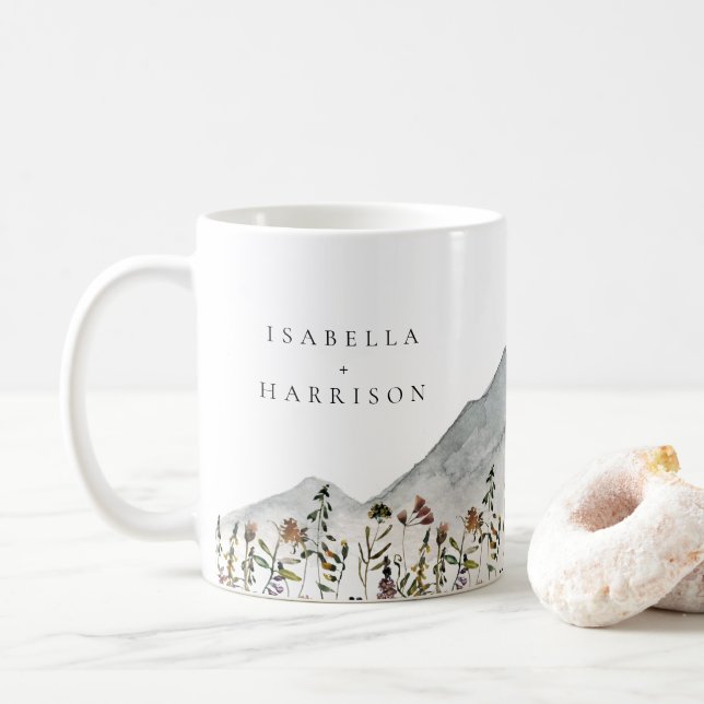 HEIDI Watercolor Wildflower Mountain Wedding Gift Coffee Mug (With Donut)