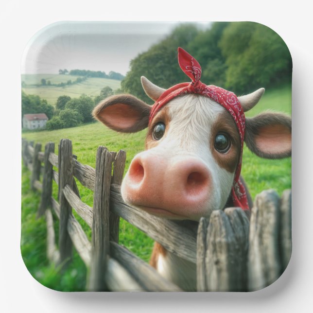 Heifer Cow Wearing a Red Kerchief Paper Plate (Front)