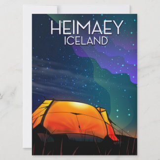 Heimaey, iceland, camping vacation poster. invitation