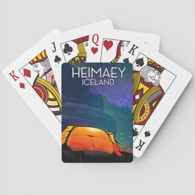 Heimaey, iceland, camping vacation poster. playing cards (Back)