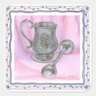 Heirloom Cup & Rattle on Purple Background Square Sticker
