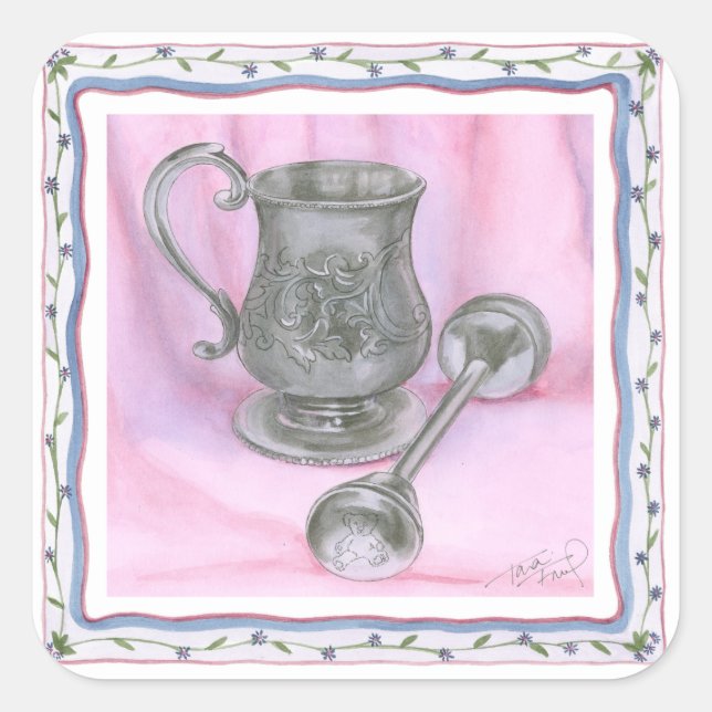 Heirloom Cup & Rattle on Purple Background Square Sticker (Front)