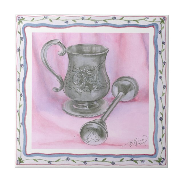 Heirloom Cup & Rattle on Purple Background Tile (Front)