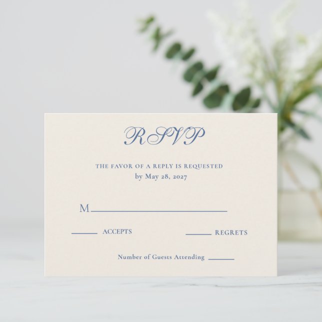 Heirloom Ivory Blue Script Wedding RSVP Card (Standing Front)