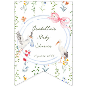 Heirloom Rose Bow and Stork Baby Shower Bunting