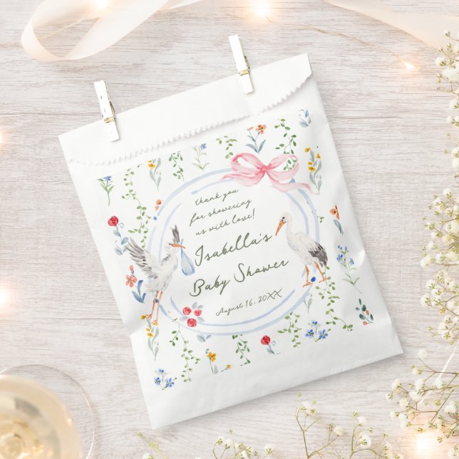 Heirloom Rose Bow and Stork Baby Shower  Favour Bags (Clipped)