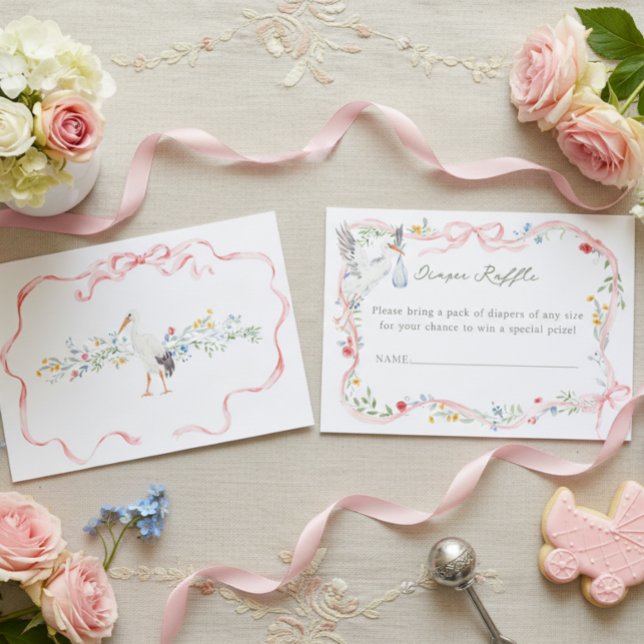 Heirloom Rose Ribbon and Stork Diaper Raffle  Enclosure Card (Creator Uploaded)
