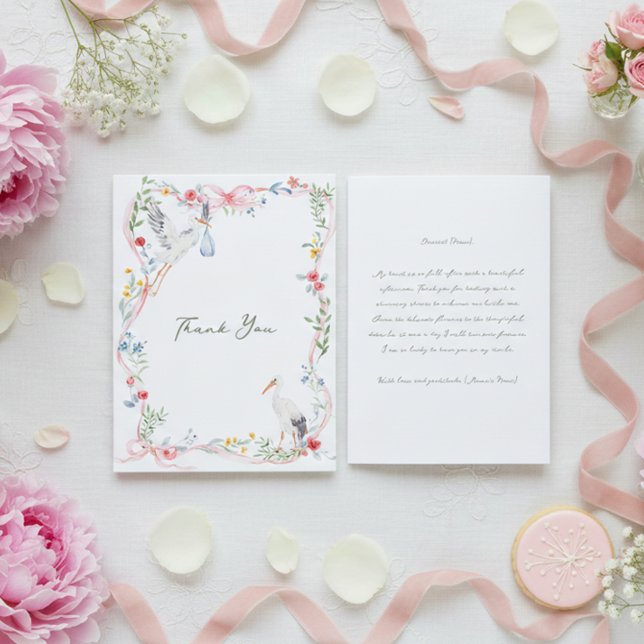 Heirloom Rose Ribbon and Stork Hostess Thank You Card (Creator Uploaded)