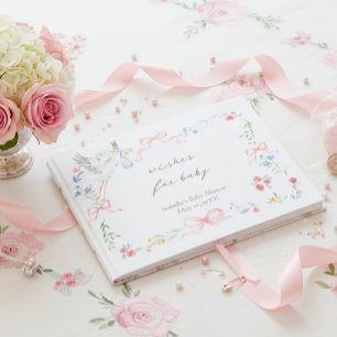 Heirloom Rose Ribbon Stork Baby Shower Guestbook