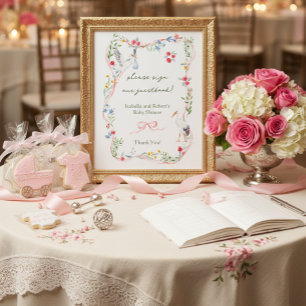 Heirloom Rose & Ribbon Stork Sign Our Guestbook