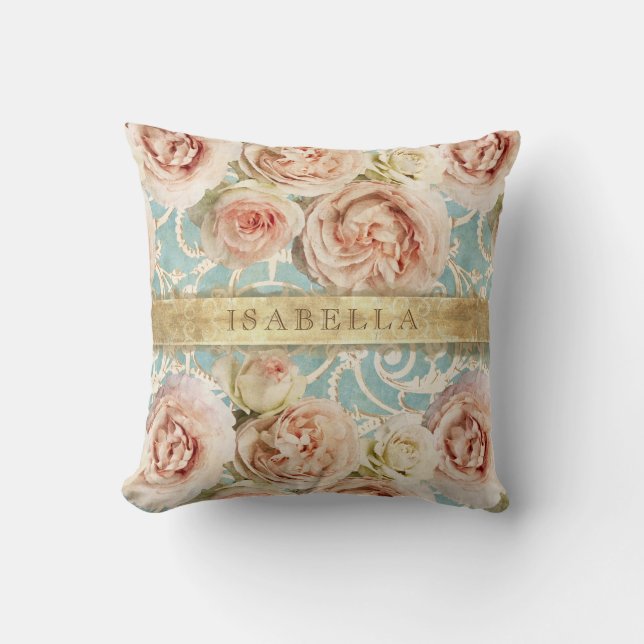 Heirloom Roses with Damask Add Name Cushion (Front)