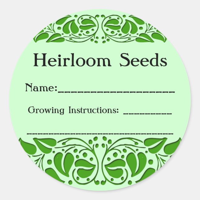 Heirloom Seeds Green Leaf Custom Seed Packet Stick Classic Round Sticker (Front)