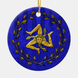 Heirloom Sicilian Trinacria Gold Blue Stripe Ceramic Tree Decoration