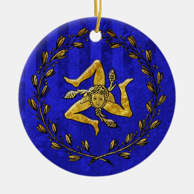 Heirloom Sicilian Trinacria Gold Blue Stripe Ceramic Tree Decoration (Front)