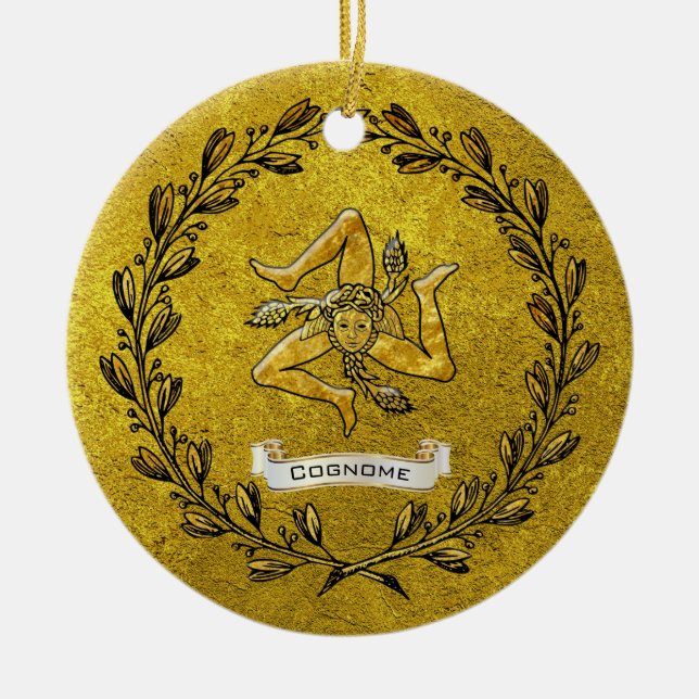 Heirloom Sicilian Trinacria Personalise Ceramic Tree Decoration (Front)