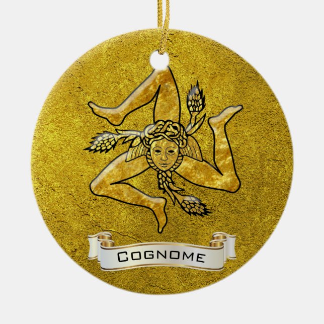 Heirloom Sicilian Trinacria Personalise Ceramic Tree Decoration (Front)