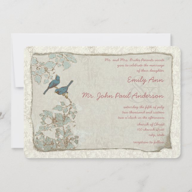 Heirloom Teal Birds Damask Wedding Invitations (Front)
