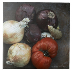 Heirloom tomato, yellow onion, red onion, ginger tile