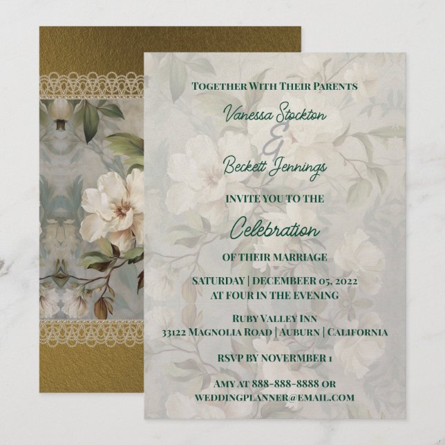 Heirloom White Rose's Wedding Invitation (Front/Back)