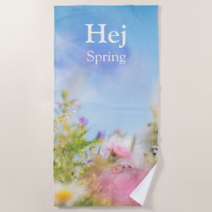Hej Spring, natural wildflowers under a blue sky Beach Towel