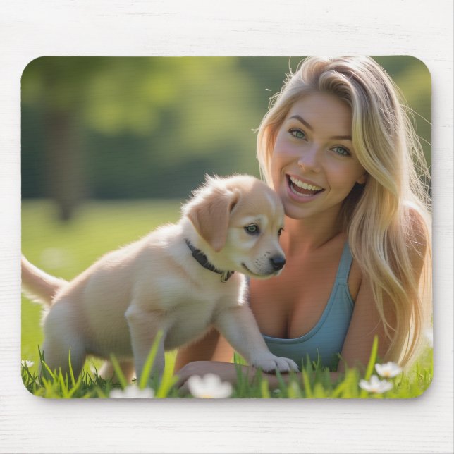 Helena Chevalier & Puppy: Carefree Bliss in Nature Mouse Mat (Front)