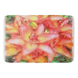Helen's Coral Coloured Lilies Watercolor Bath Mat