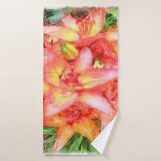 Helen's Coral Coloured Lilies Watercolor Bath Towel