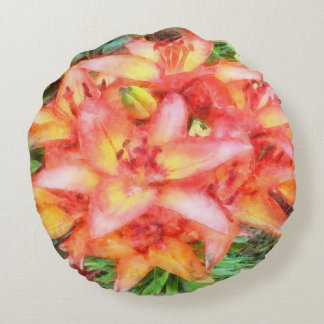 Helen's Coral Coloured Lilies Watercolor Round Cushion